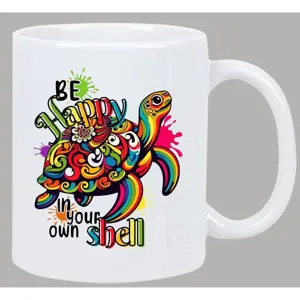 Detailansicht der weißen Keramik-Kaffeetasse mit buntem Cartoon-Schildkröten-Muster.
