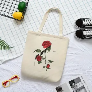 Bolso tote de lona con estampado gráfico de rosa roja, bolso de hombro informal para uso diario.