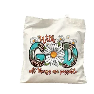 Bolso de lona blanco informal con frase inspiradora religiosa y estampado de margaritas.