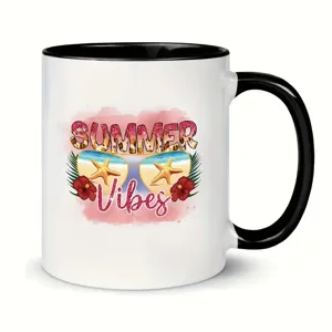 Ceramic coffee mug with black handle and summer beach print detail for daily office use.