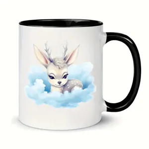 Ceramic coffee mug detail featuring cute baby deer illustration on soft blue clouds.