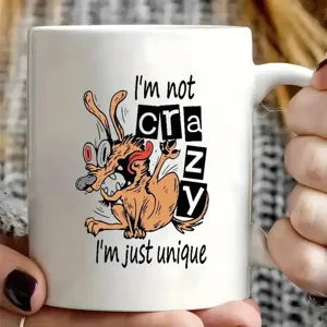 Taza de café de cerámica blanca con divertido estampado de perro cartoon y frase única.