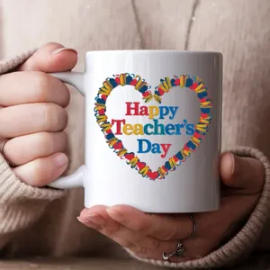 Hermosa taza de cafe de ceramica con estampado de corazon Happy Teachers Day, taza de oficina.