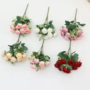 Artificial 10-head rose flower bunches, perfect for wedding bouquets, home decor, and table arrangements.