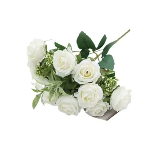 Artificial White Rose Bouquet 10 Heads Fake Flowers for Wedding Home Table Decor