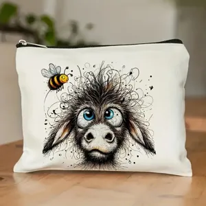 Close-up detail of a cute cartoon donkey zipper cosmetic bag, canvas storage pouch, pencil case.