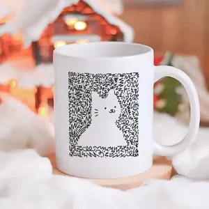 Tazza da caffè in ceramica bianca con design artistico di gatto nero astratto per ufficio e casa.
