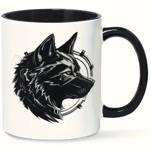 Close-up detail of ceramic coffee mug featuring stylish cyberpunk wolf graphic design.