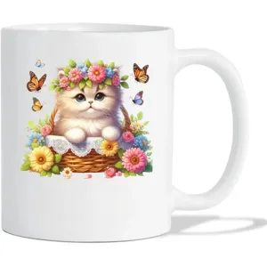 Tazza da caffè in ceramica con gatto e fiori, ideale per ufficio e casa tutti i giorni.