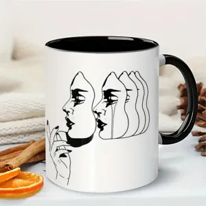 Tazza da caffè in ceramica con disegno a linee astratte e manico nero per ufficio.