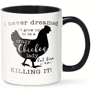 Funny chicken lady ceramic coffee mug with black handle, perfect for office and daily use.