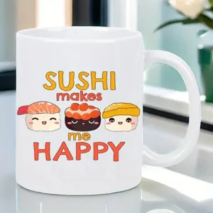 Tazza da caffè in ceramica bianca con simpatico grafico sushi per ufficio e casa.