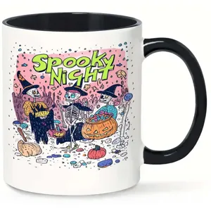 Ceramic coffee mug with a fun Halloween skeleton illustration, black handle and rim.