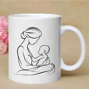 Tazza da caffè in ceramica bianca con dettaglio d'arte lineare di mamma e bambino ufficio.