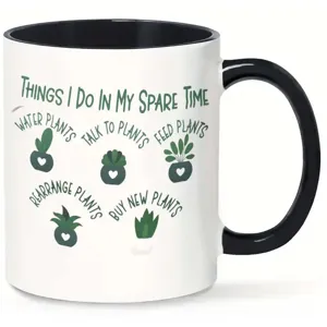 Black white ceramic coffee mug with funny plant lover quotes and green potted plant graphic.