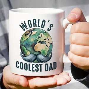 White ceramic coffee mug with dad themed graphic print, perfect for office and daily use.
