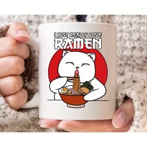White ceramic coffee mug with cute cat ramen design, perfect for office and daily use.