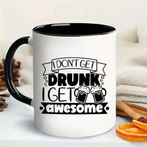 Detailed shot of ceramic coffee mug with black handle and fun text print for office and home.