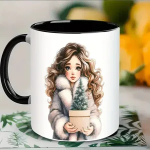 Keramische Kaffeetasse mit schwarzem Henkel und Rand, mit süßem lockigem Mädchen Design für Büro.