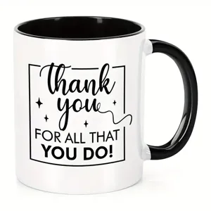 Keramik Kaffeetasse Detailansicht, schwarz-weißes Design mit Dankesspruch, Büro Tasse.