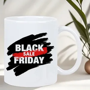 Weißer Keramik Kaffeebecher mit stilvollem Black Friday Design für Büro und Alltag.