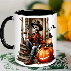 Taza de café de cerámica en blanco y negro con estampado de esqueleto de vaquero.