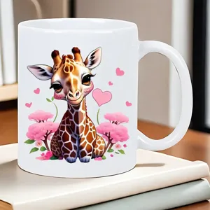 Weißer Keramik Kaffeebecher mit süßem Giraffen Motiv, ideal für Büro und Alltag.