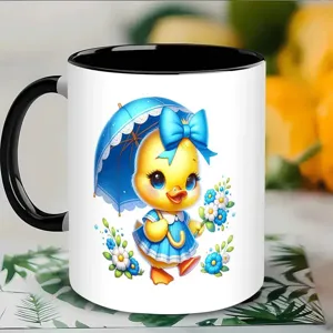 Keramik Kaffeetasse mit süßem Enten-Druck, schwarzer Henkel, ideal für Büro und Alltag
