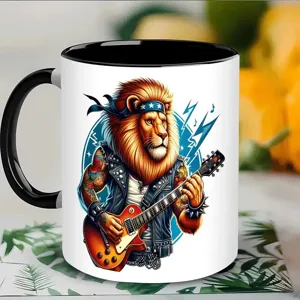 Taza de café de cerámica con estampado de león rock, asa y borde negros, taza de oficina.