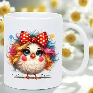 Nahaufnahme Detail der niedlichen bunten Cartoon-Vogel-Keramik-Kaffeetasse mit roter Schleife.