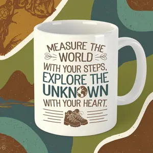 Nahaufnahme der weißen Keramik Kaffeetasse mit inspirierendem Reise Zitat Druck und Grafik.