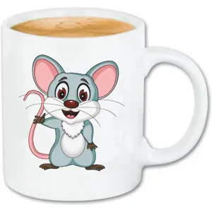Weißer Keramik Kaffeetasse Detail mit süßem Cartoon-Maus Grafik, ideal für den Bürogebrauch.