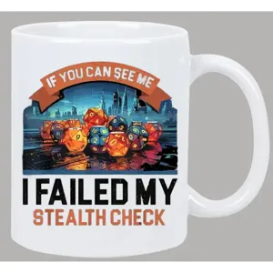 White ceramic coffee mug with tabletop dice gaming graphic print, office and home use, 11oz