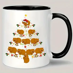 Taza de café navideña con diseño de árbol de animales, taza de cerámica con asa negra.