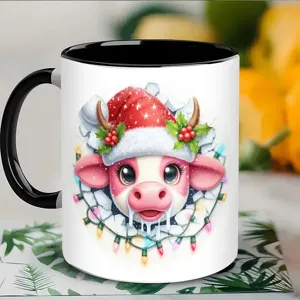 Weihnachtliche pinke Kuh Keramik Kaffeetasse mit schwarzem Henkel, Büro Trinkbecher.