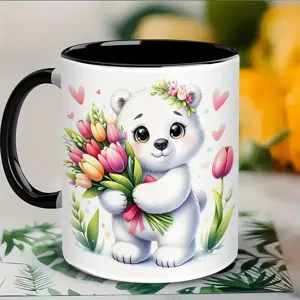 Süße weiße Keramik Kaffeetasse mit schwarzem Henkel, niedliches Tulpen Blumen Motiv.