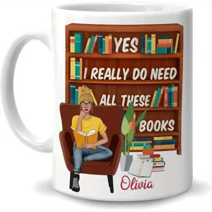 Custom bookshelf reading design white ceramic coffee mug office daily drink cup personalized gift.