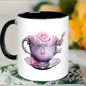 Tasse a cafe en ceramique avec illustration de rose rose elegante et cristal, poignee noire.