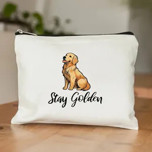 Borsa per trucco in tela bianca con zip e stampa carina di cane golden retriever.