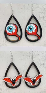 Halloween Tropfenohrringe mit gruseligen Augen und Fledermaus Motiven, gruseliger Schmuck.