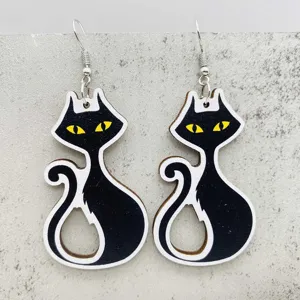 Schwarze Katze Holz Ohrringe Damen Halloween Mode Schmuck Geschenke Accessoires