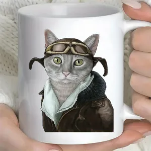 White ceramic coffee mug featuring a cute cat pilot illustration, perfect for office use.