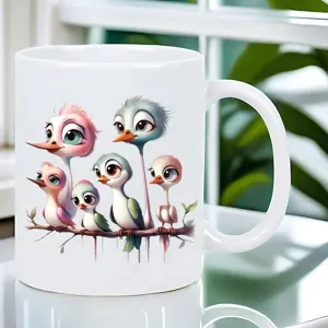 Vista detallada de una taza de café de cerámica blanca con un lindo diseño de pájaro de dibujos.