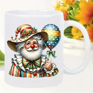 White ceramic coffee mug with cute vintage clown print, perfect for office and daily home use.