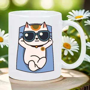 Taza de café de cerámica blanca con linda ilustración de gato de dibujos animados, ideal.