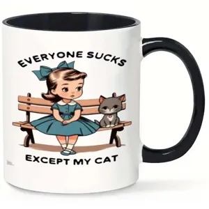Ceramic coffee mug with funny vintage cat and girl graphic design, black handle and rim, 90