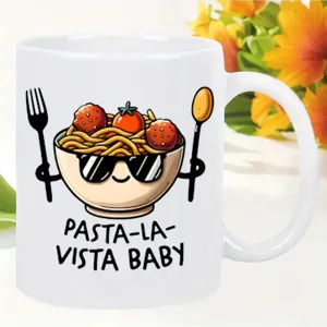 White ceramic coffee mug with cute funny pasta cartoon design for office use and daily drink