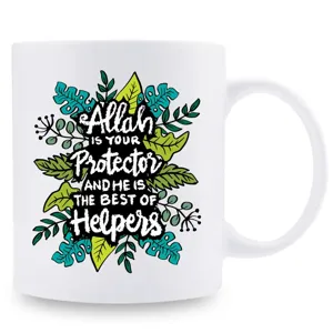 White ceramic coffee mug with botanical leaf print and inspirational English text design.