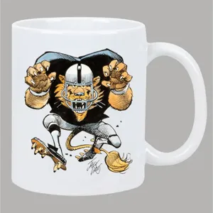 Weißer Keramik Kaffeetasse mit Retro American Football Cartoon Druck, ideal für Büro und Alltag.
