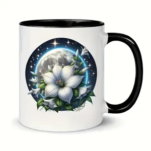 Taza de café de cerámica con asa negra y hermoso estampado floral de luna para uso diario.
